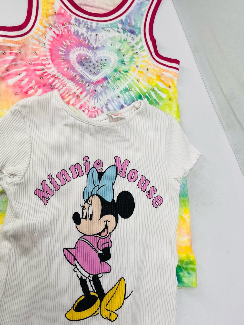 Disney Minnie Mouse White Ribbed Kids Tee and Hannah  Banana‎  tie dyed  dress